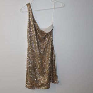 One-shoulder gold sequence dress. Never worn, in excellent condition